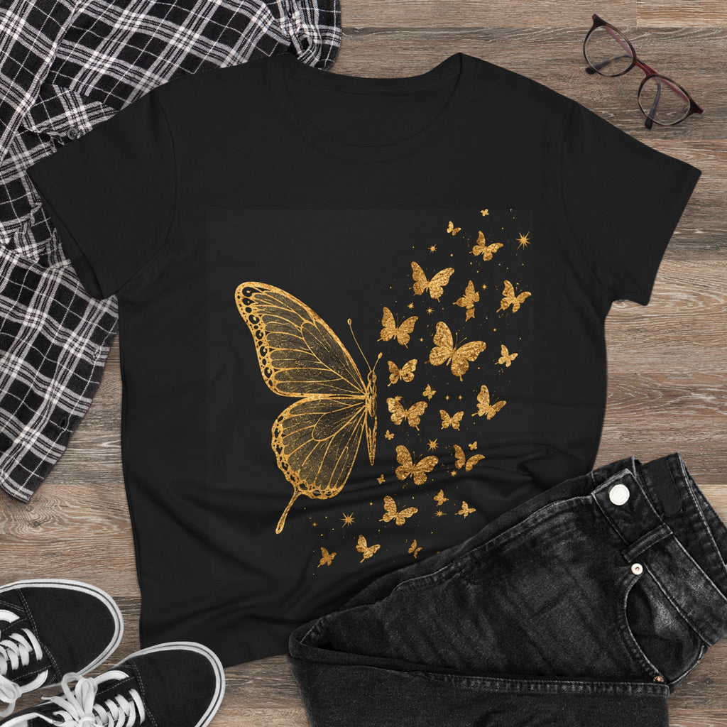 Gold Butterfly Graphic Tee — Women's Butterfly Shirt, Elegant Nature-Inspired Casual Top