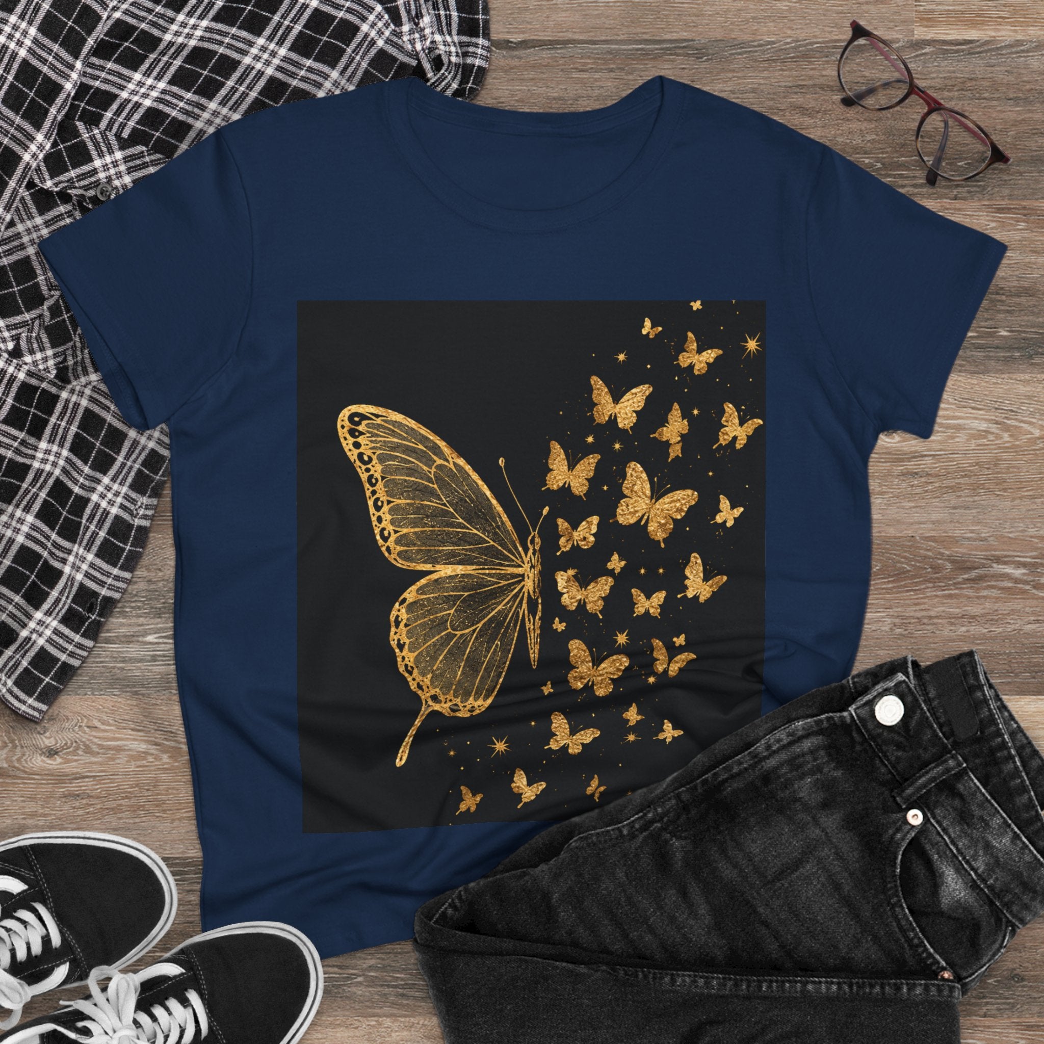 Gold Butterfly Graphic Tee — Women's Butterfly Shirt, Elegant Nature-Inspired Casual Top