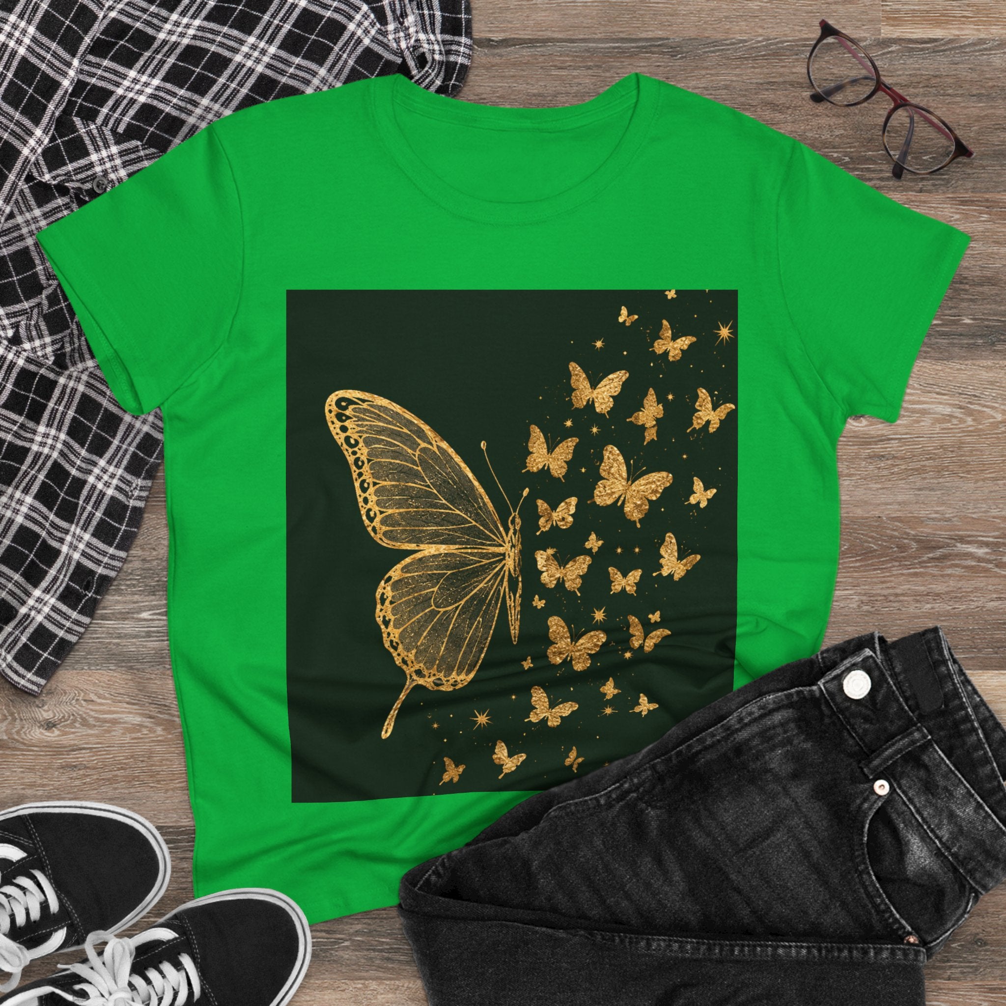 Gold Butterfly Graphic Tee — Women's Butterfly Shirt, Elegant Nature-Inspired Casual Top