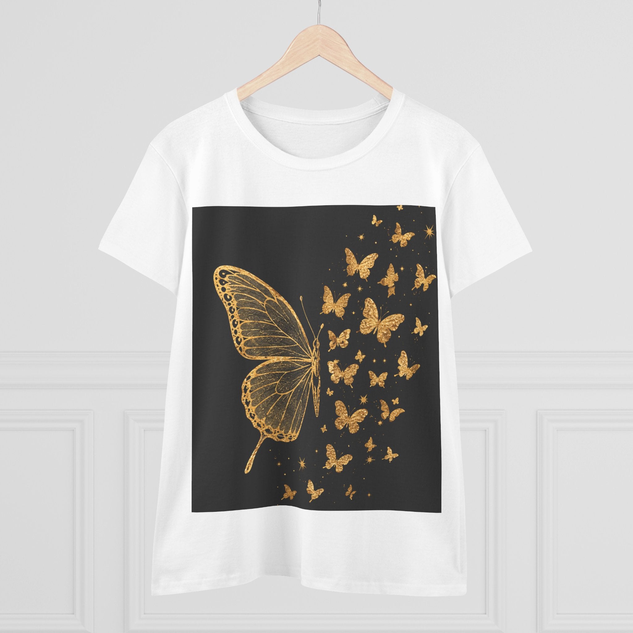 Gold Butterfly Graphic Tee — Women's Butterfly Shirt, Elegant Nature-Inspired Casual Top