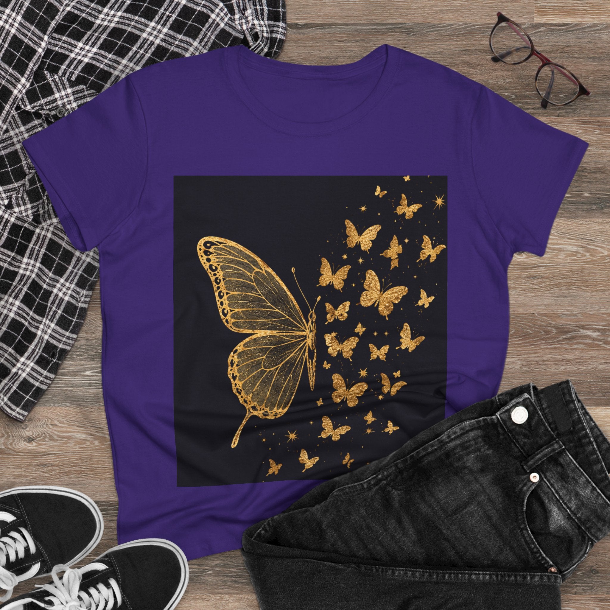 Gold Butterfly Graphic Tee — Women's Butterfly Shirt, Elegant Nature-Inspired Casual Top