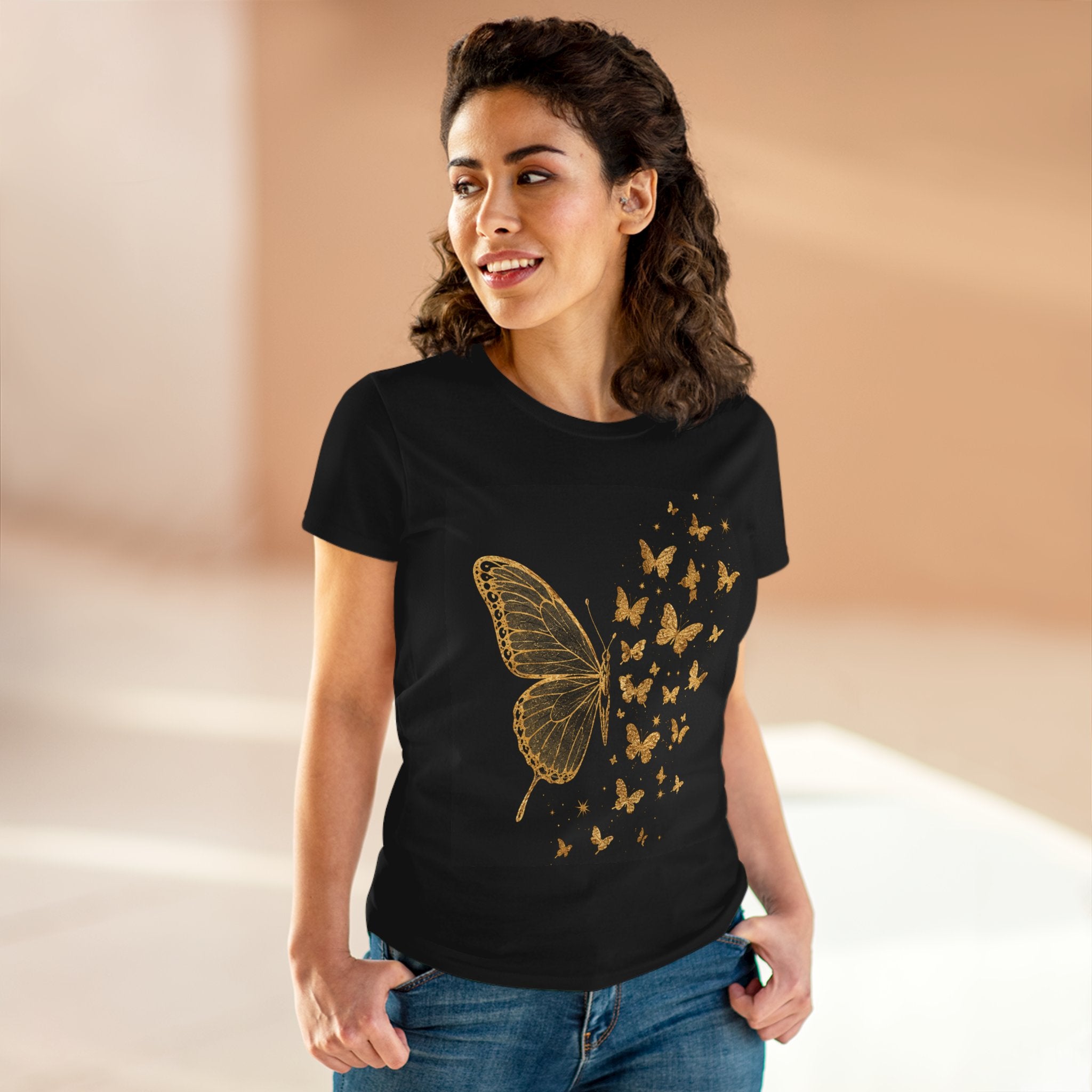 Gold Butterfly Graphic Tee — Women's Butterfly Shirt, Elegant Nature-Inspired Casual Top