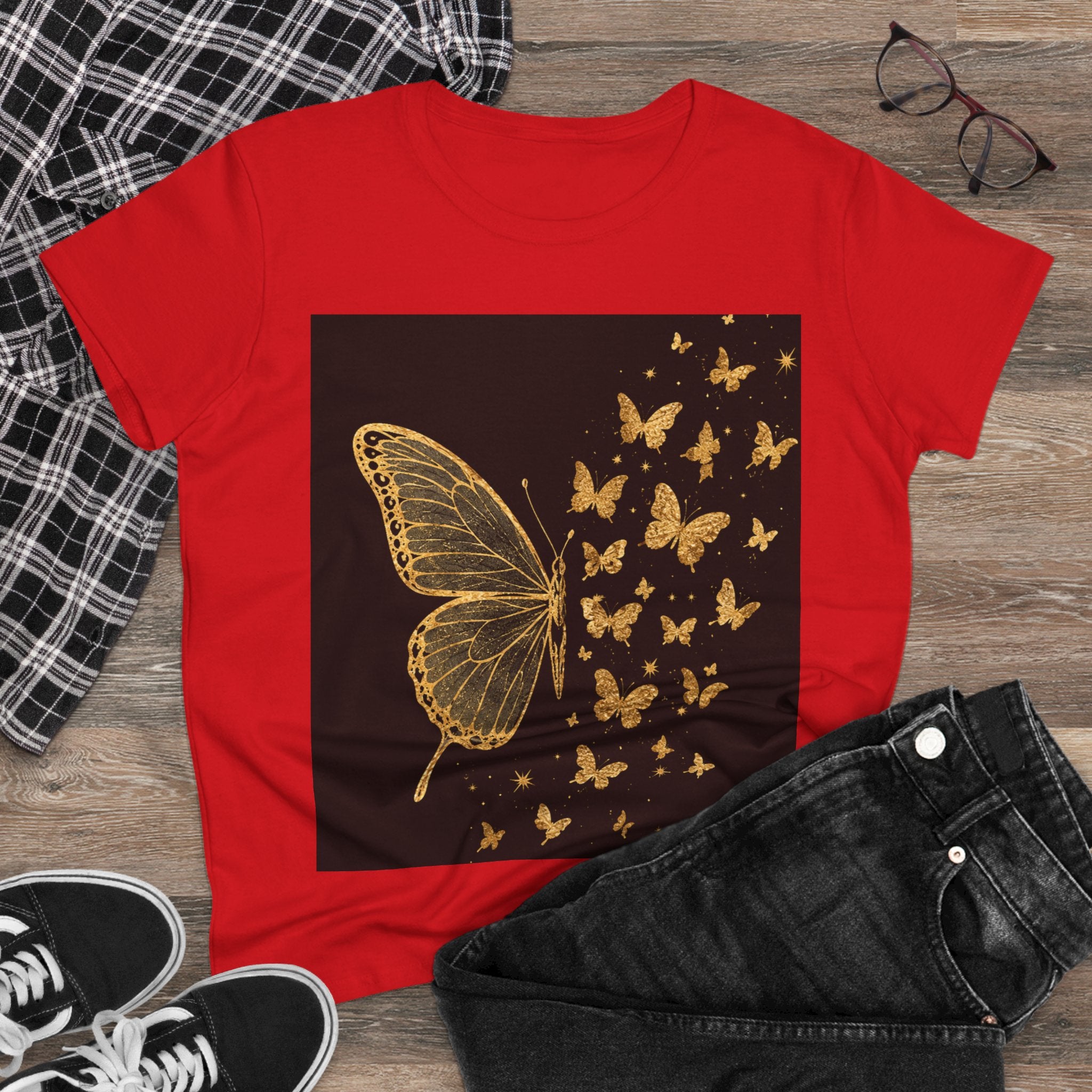 Gold Butterfly Graphic Tee — Women's Butterfly Shirt, Elegant Nature-Inspired Casual Top