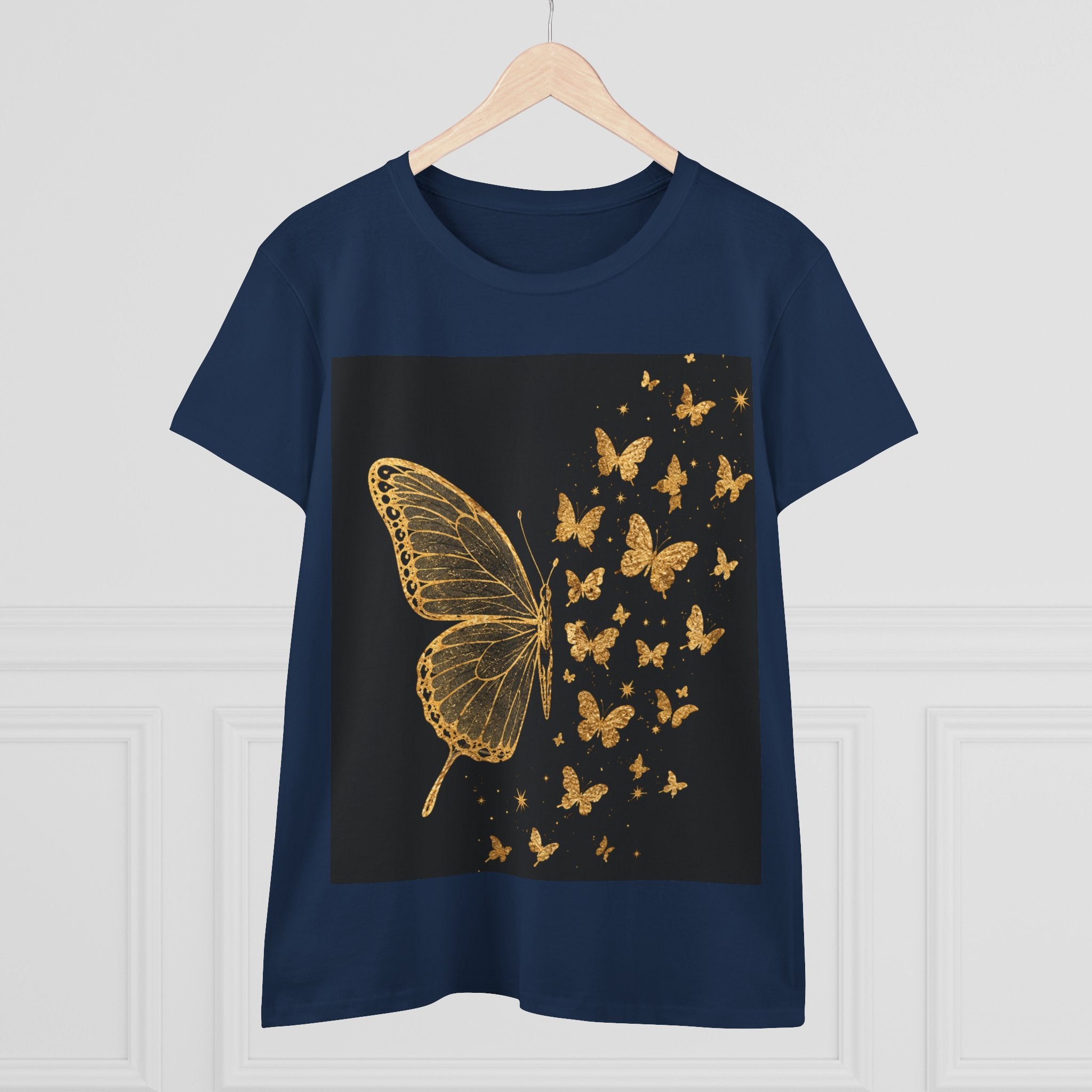 Gold Butterfly Graphic Tee — Women's Butterfly Shirt, Elegant Nature-Inspired Casual Top