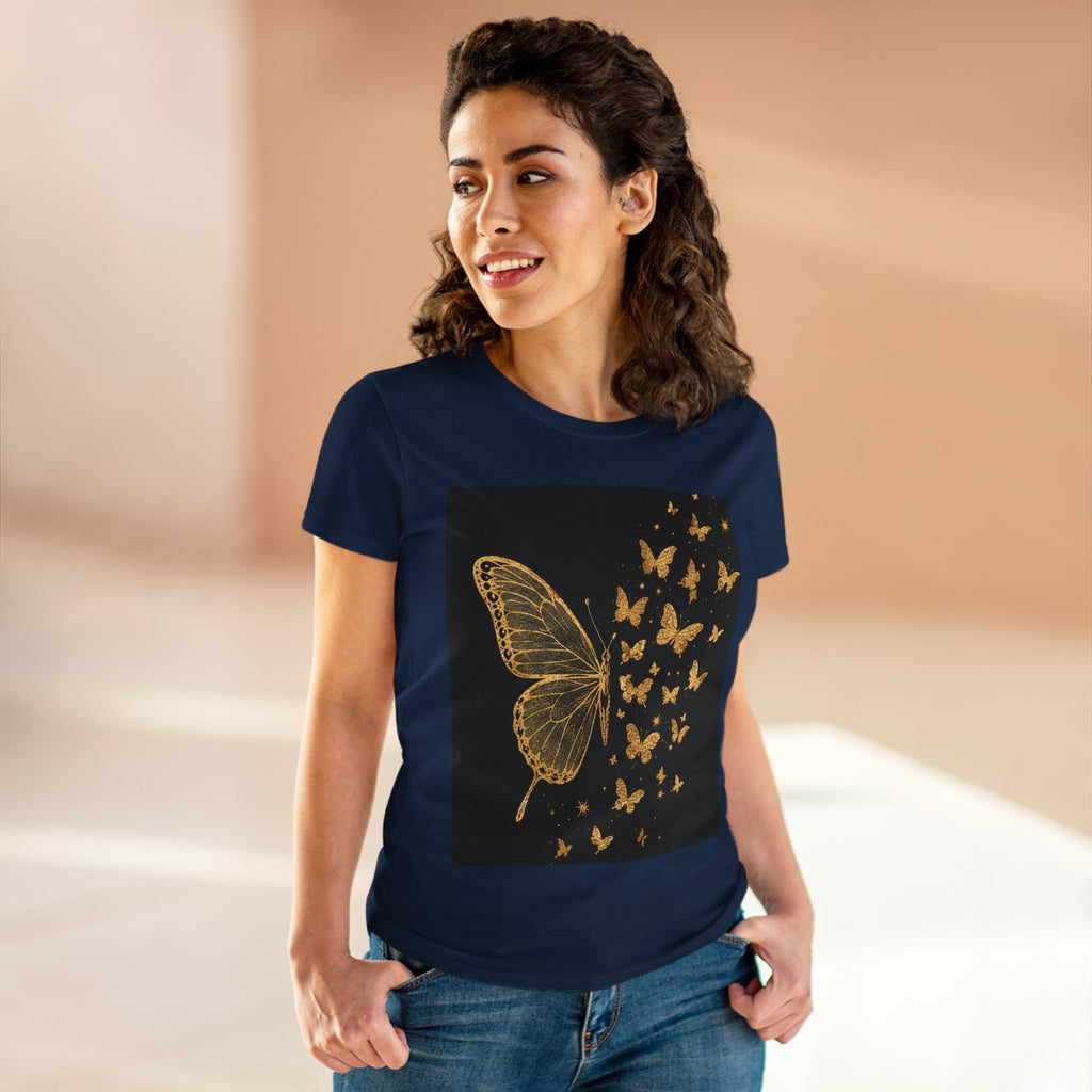 Gold Butterfly Graphic Tee — Women's Butterfly Shirt, Elegant Nature-Inspired Casual Top