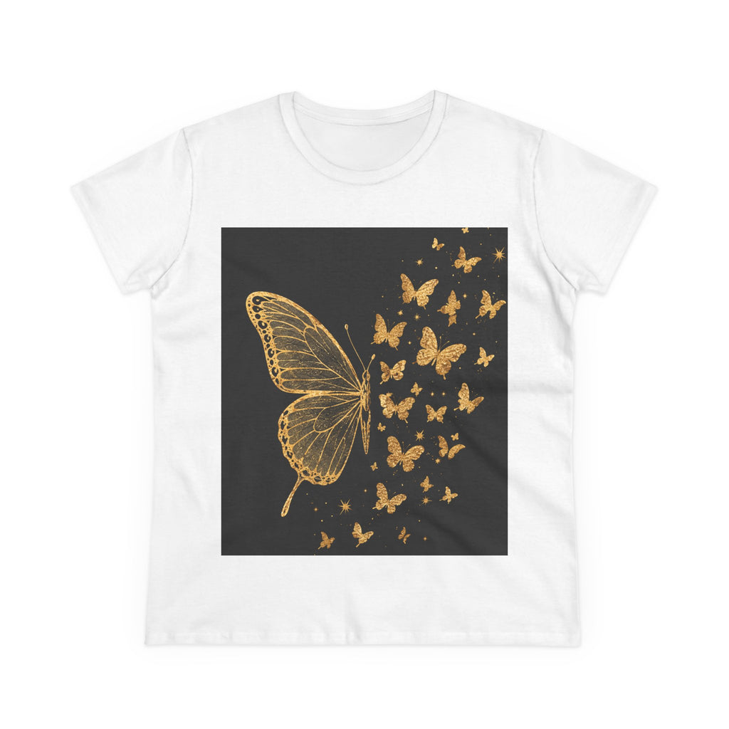 Gold Butterfly Graphic Tee — Women's Butterfly Shirt, Elegant Nature-Inspired Casual Top