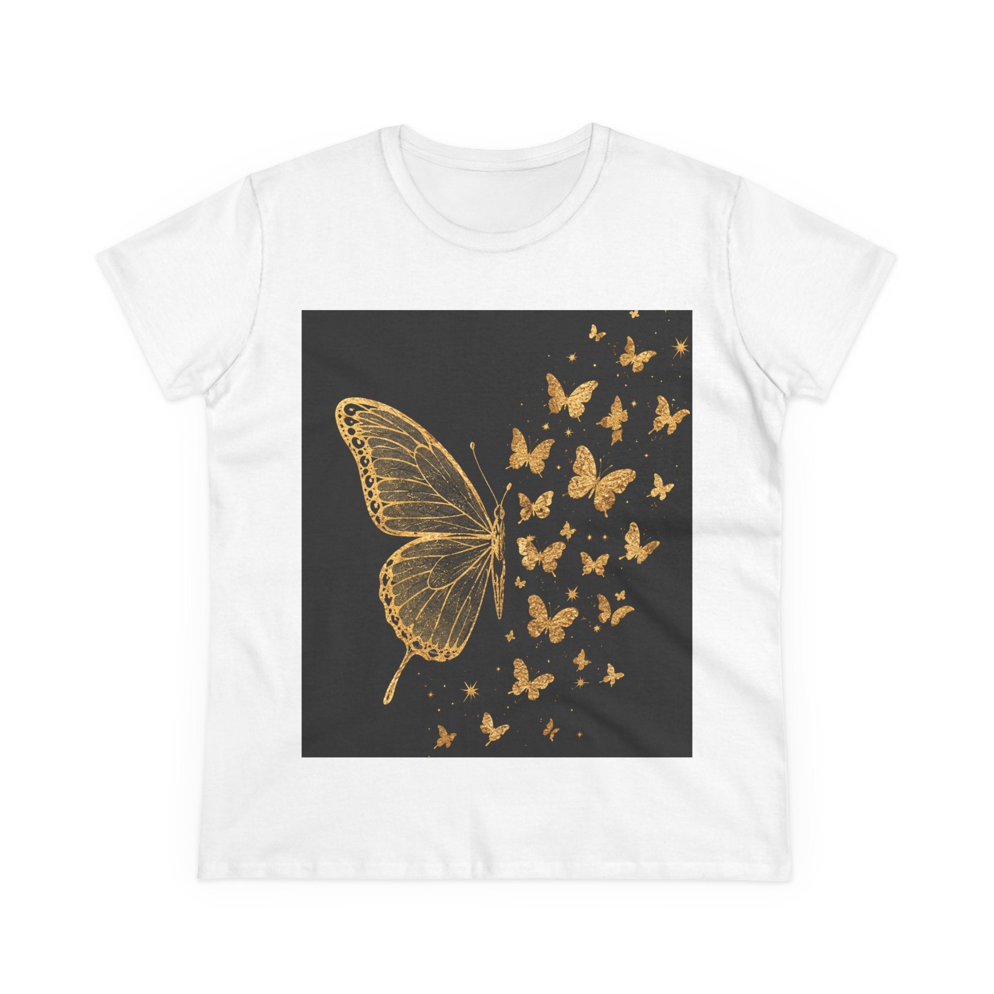 Gold Butterfly Graphic Tee — Women's Butterfly Shirt, Elegant Nature-Inspired Casual Top