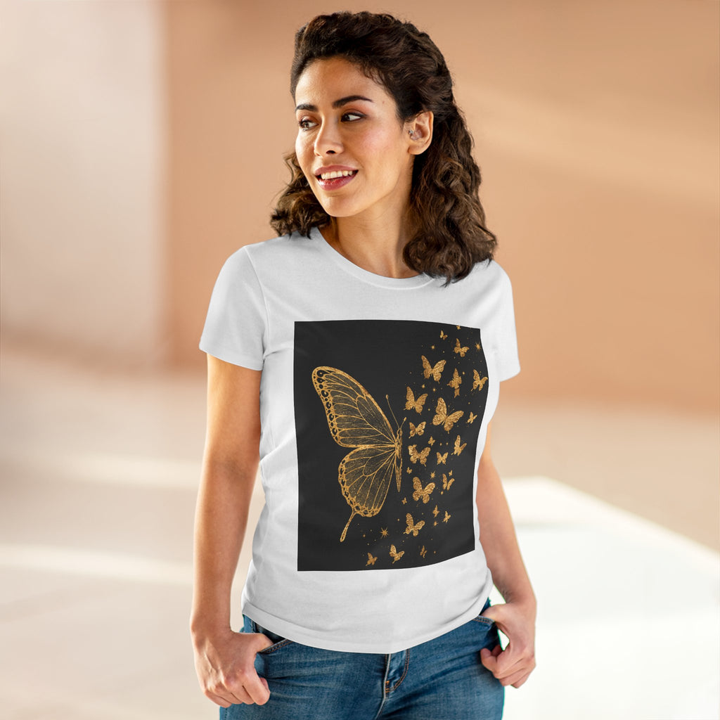 Gold Butterfly Graphic Tee — Women's Butterfly Shirt, Elegant Nature-Inspired Casual Top