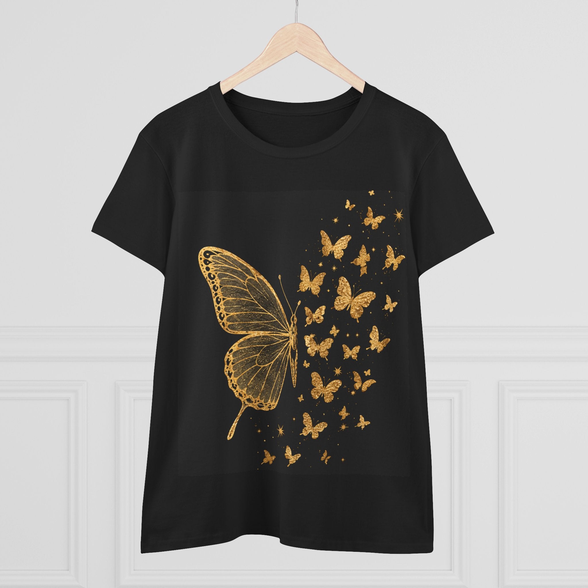 Gold Butterfly Graphic Tee — Women's Butterfly Shirt, Elegant Nature-Inspired Casual Top