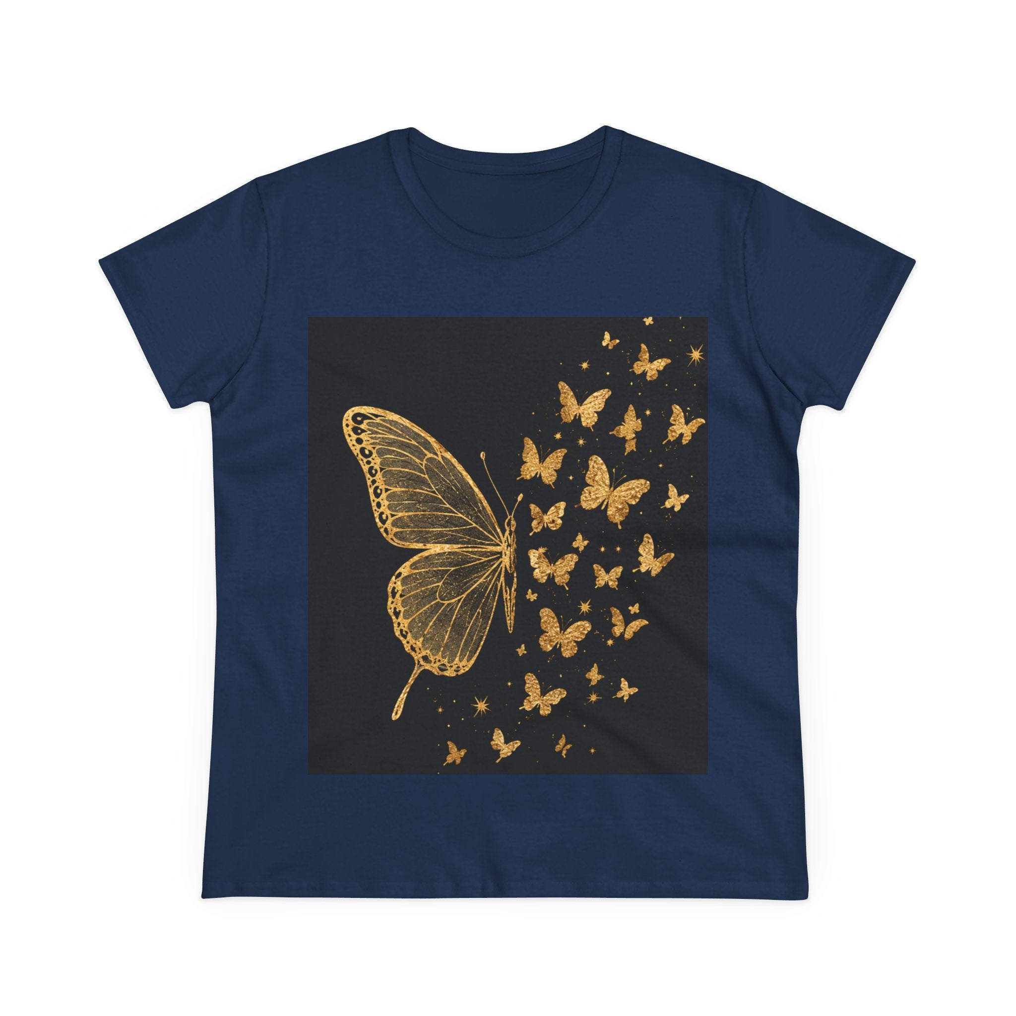 Gold Butterfly Graphic Tee — Women's Butterfly Shirt, Elegant Nature-Inspired Casual Top