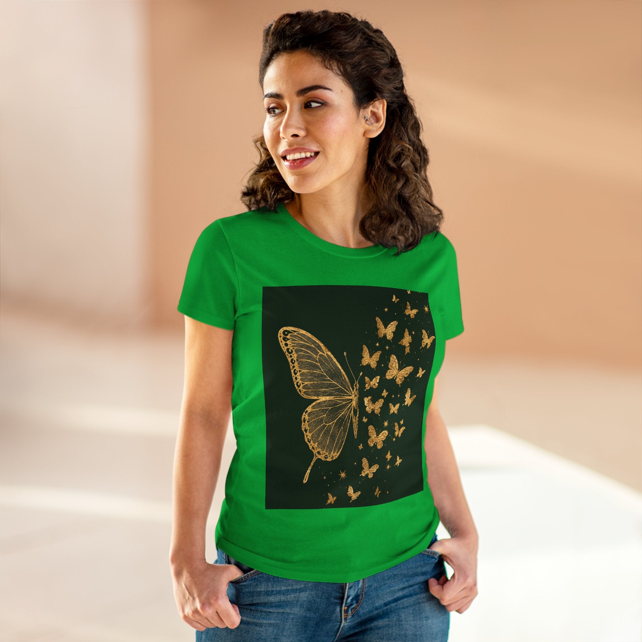 Gold Butterfly Graphic Tee — Women's Butterfly Shirt, Elegant Nature-Inspired Casual Top