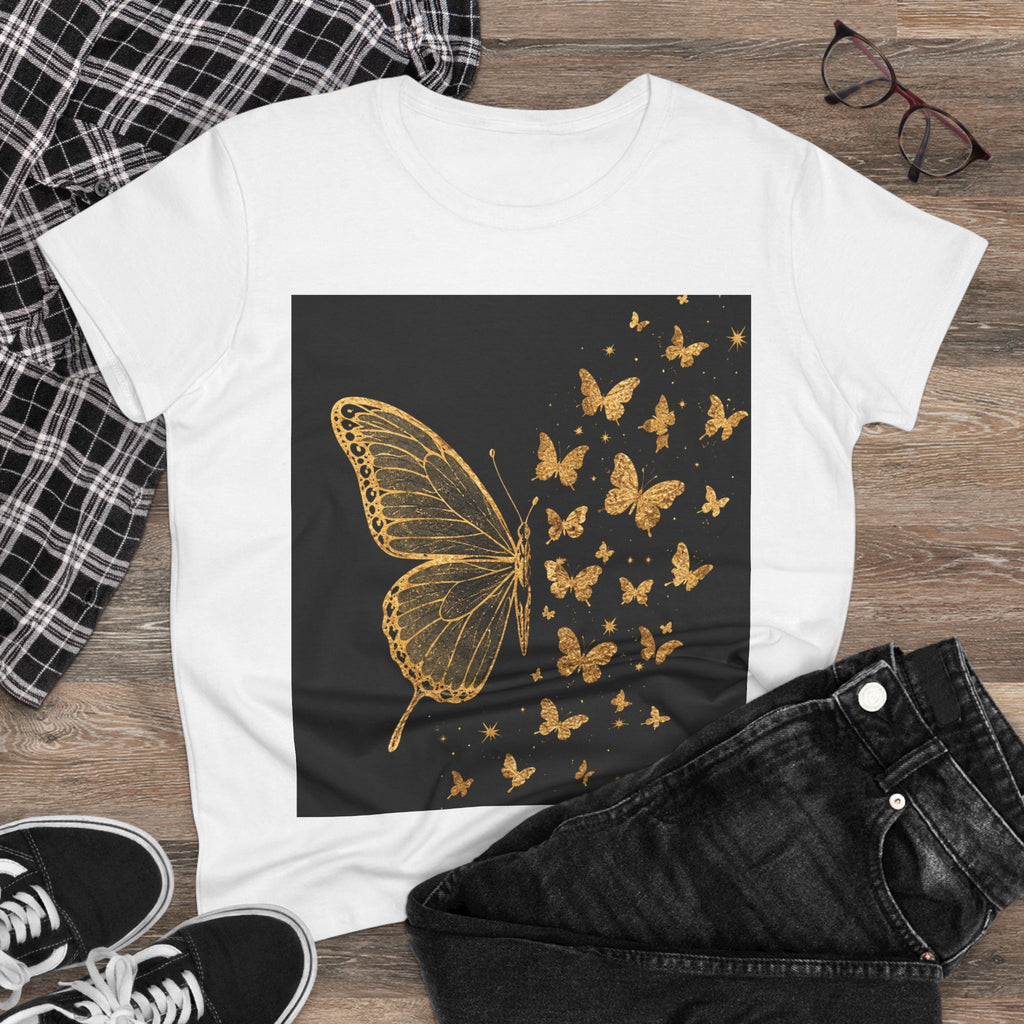 Gold Butterfly Graphic Tee — Women's Butterfly Shirt, Elegant Nature-Inspired Casual Top