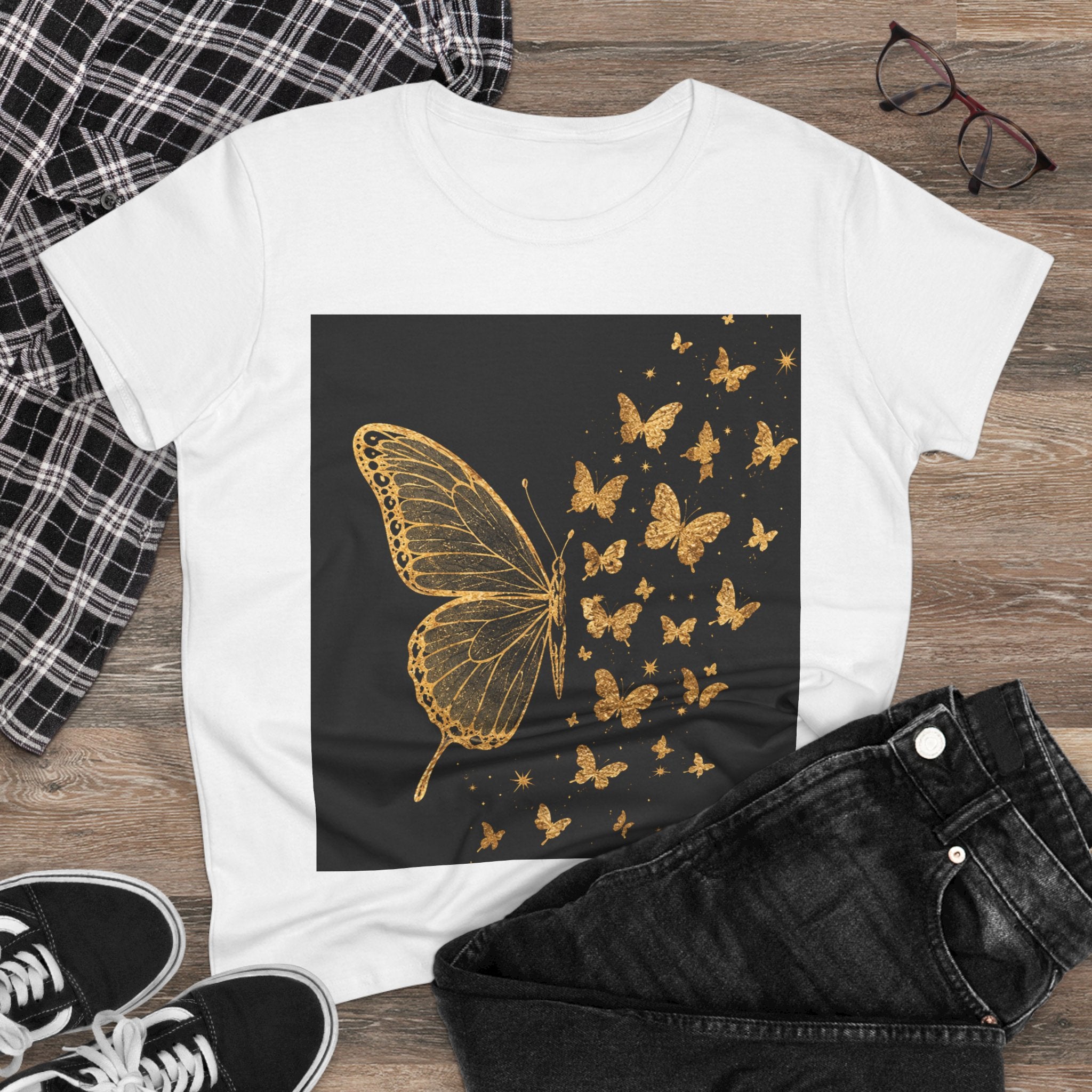 Gold Butterfly Graphic Tee — Women's Butterfly Shirt, Elegant Nature-Inspired Casual Top
